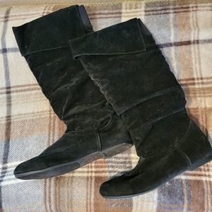 Tall Black Fabric Flat Heeled Boot Size 7